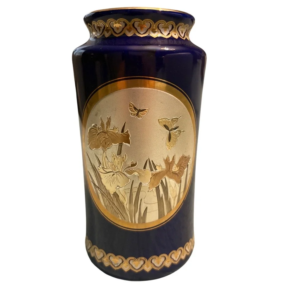 Chokin Art Vase Cobalt Blue Gold Silver Gilded Iris Butterfly Japanese Decor